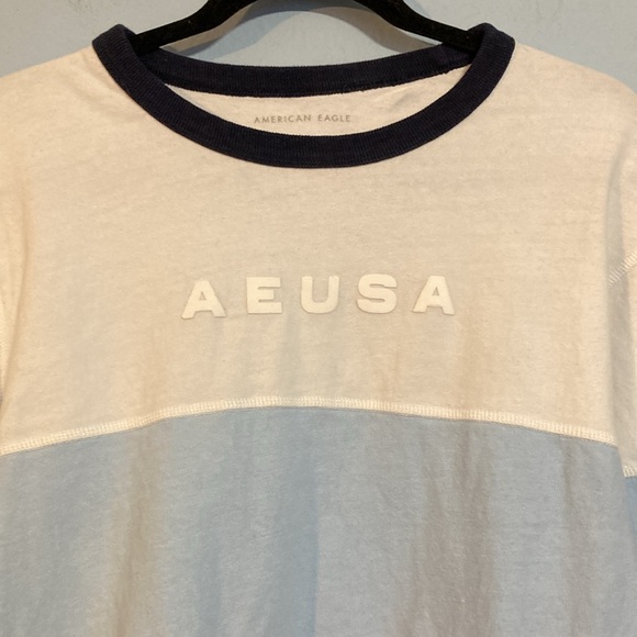 American Eagle Mens Size L Rugby Stripe Colorblock Blue White Long Sleeve Shirt - Picture 2 of 10